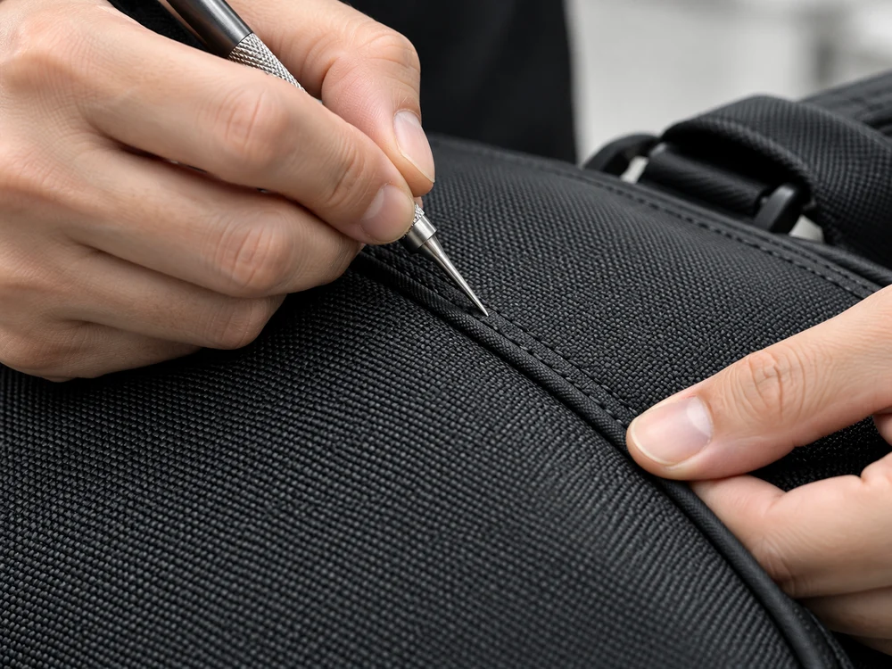 Illustrative close-up of bag construction and stitching